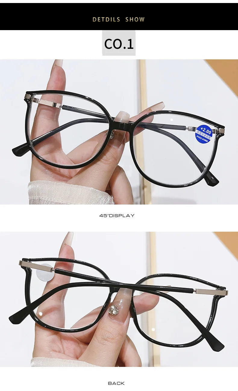 Anti Blue Light Blocking Women Reading Glasses Stylish Presbyopic Eyeglasses Plano Eyewear Dazzling Large Frame Set Rhinestone