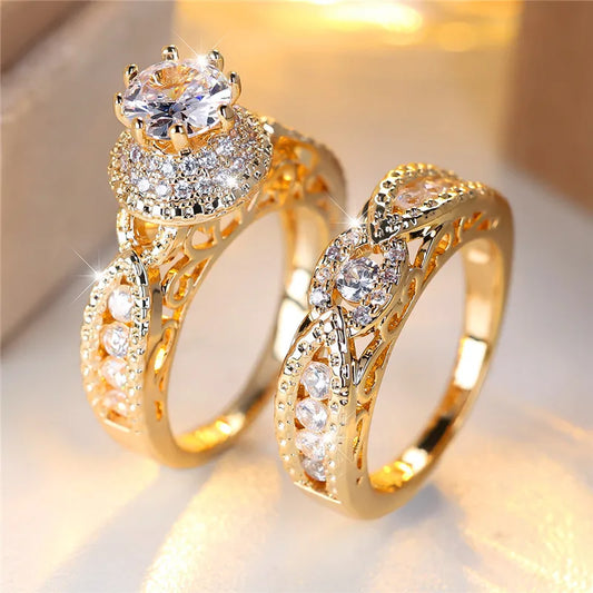 Luxury Female Crystal White Round Zircon Stone Engagement Ring Set Cute Yellow Gold Color Wedding Jewelry For Women